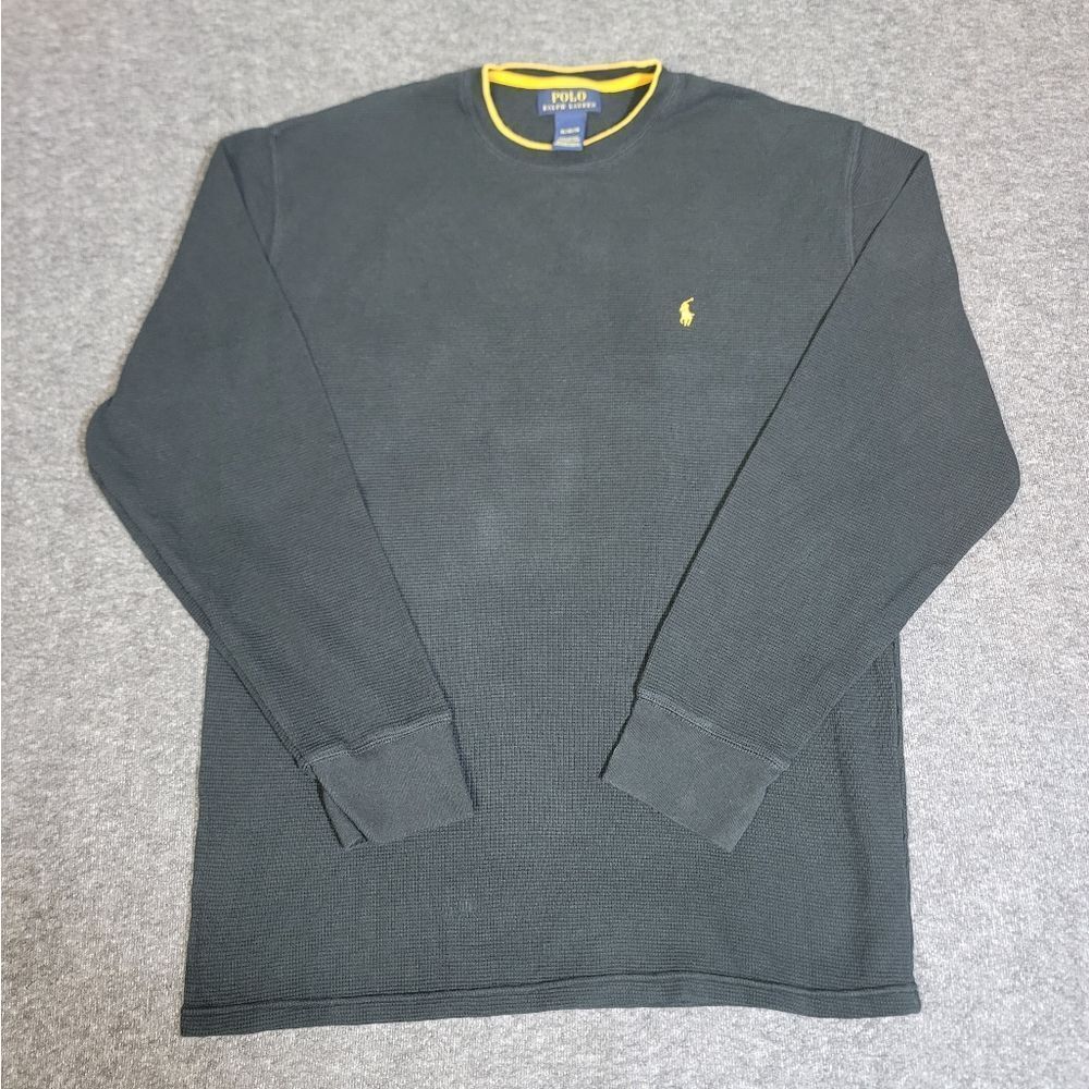 Polo Ralph Lauren Men XL Thermal Waffle Knit Long Sleeve Shirt Black Yellow Trim